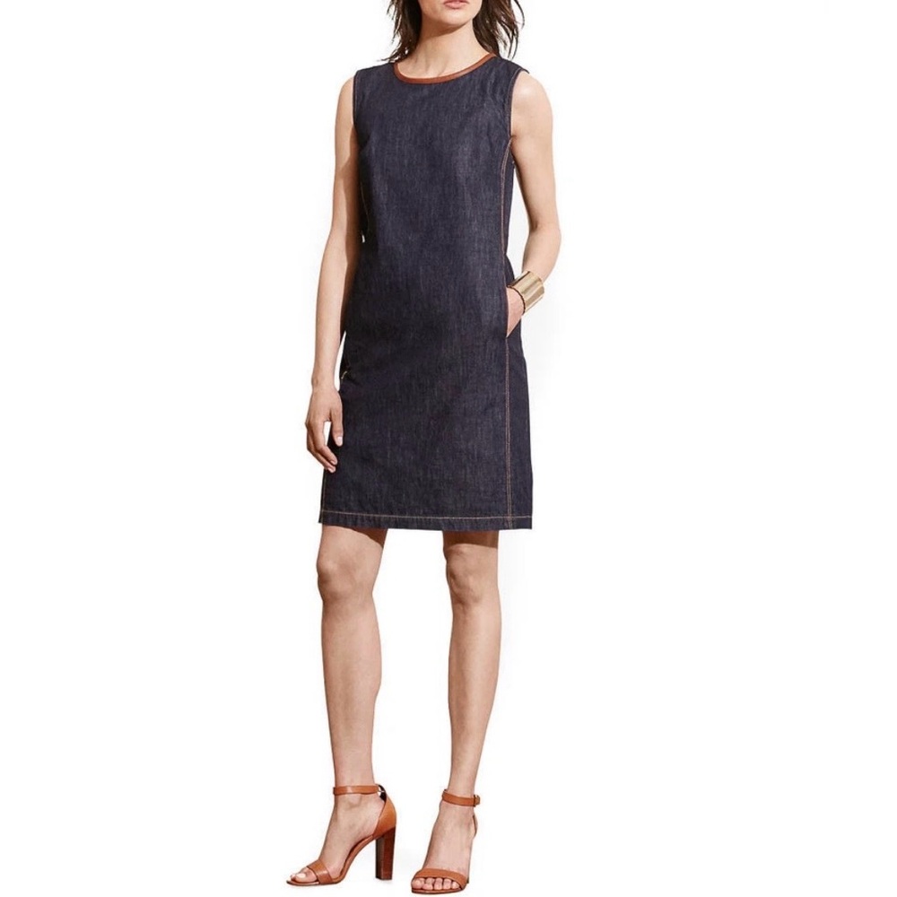 NWT Ralph Lauren Women's Dianva Womens Denim Leather Trim Casual Dress 16W  $139